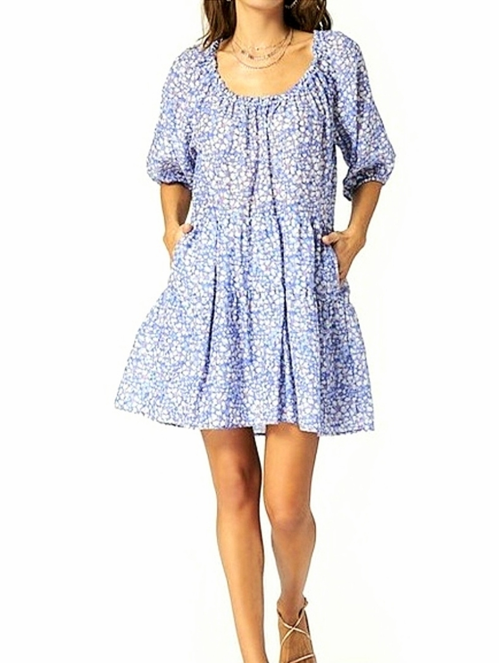 Xirena Dolly Mini Dress Sz Med Blue Pink White Tiered Cotton Silk Voile